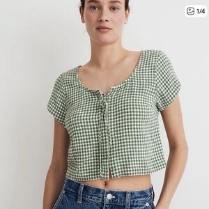 Madewell Green Gingham Tie-Front Crop Top